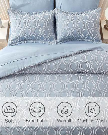 EMME Queen Comforter Set - 7 Pcs Blue Boho Bedding Sets, Full Size Tufted Comforter with Sheets, Shabby Chic Embroidery Queen Bed Set Fluffy Bed Bag for All Season(90"X90") - LeafyLoom