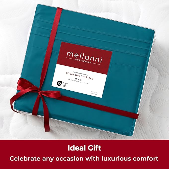 Mellanni Split King Sheets Set - 5 PC Iconic Collection Bedding Sheets & Pillowcases - Hotel Luxury, Extra Soft, Cooling Bed Sheets - Deep Pocket up to 16 inch (Split King, Teal) - LeafyLoom