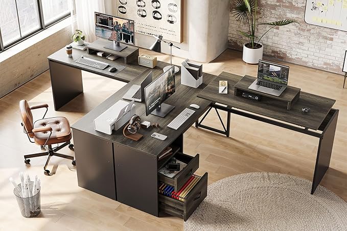Bestier Lift Top L Shaped Desk with File Drawer, 55'' x 55'' Office Desk with Reversible Storage Drawers, L Shaped Standing Desk with Computer Monitor Stand (Retro Grey Oak Dark, 55'' x 55'') - LeafyLoom