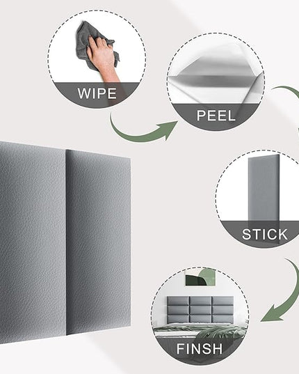 Tbfit Upholstered Wall Mounted Headboard for King Size Bed, Soundproof Peel and Stick Headboards, Tufted Floating Dorm Bed Headboard, Pack of 12 Panels Sized 10” x 24”, Leather Grey - LeafyLoom