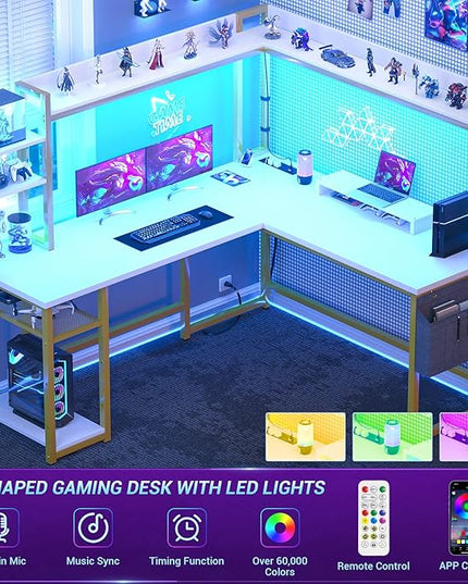 Aheaplus L Shaped Desk with Power Outlet, L Shaped Gaming Desk with Led Light & Hutch, Reversible Home Office Desk, Corner Computer Desk Writing Desk with Monitor Stand & Storage Shelf, White+Gold - LeafyLoom