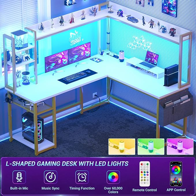 Aheaplus L Shaped Desk with Power Outlet, L Shaped Gaming Desk with Led Light & Hutch, Reversible Home Office Desk, Corner Computer Desk Writing Desk with Monitor Stand & Storage Shelf, White+Gold - LeafyLoom