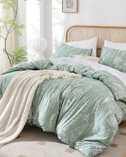 JANZAA King Comforter Set Sage Green Comforter,3 PCS Bedding Sets Floral Comforter Set Plant Flowers Printed on Fluffy Comforter Set for All season - LeafyLoom