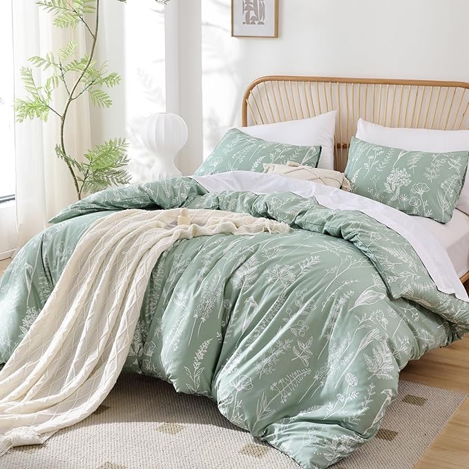 JANZAA King Comforter Set Sage Green Comforter,3 PCS Bedding Sets Floral Comforter Set Plant Flowers Printed on Fluffy Comforter Set for All season - LeafyLoom