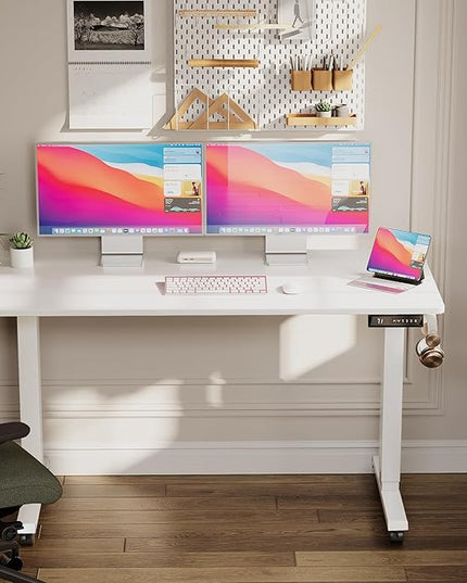 Electric Standing Desk 55 Inch, Ergonomic Height Adjustable Table with T-Shaped Metal Bracket Modern Computer Workstations for Home Office, White - LeafyLoom