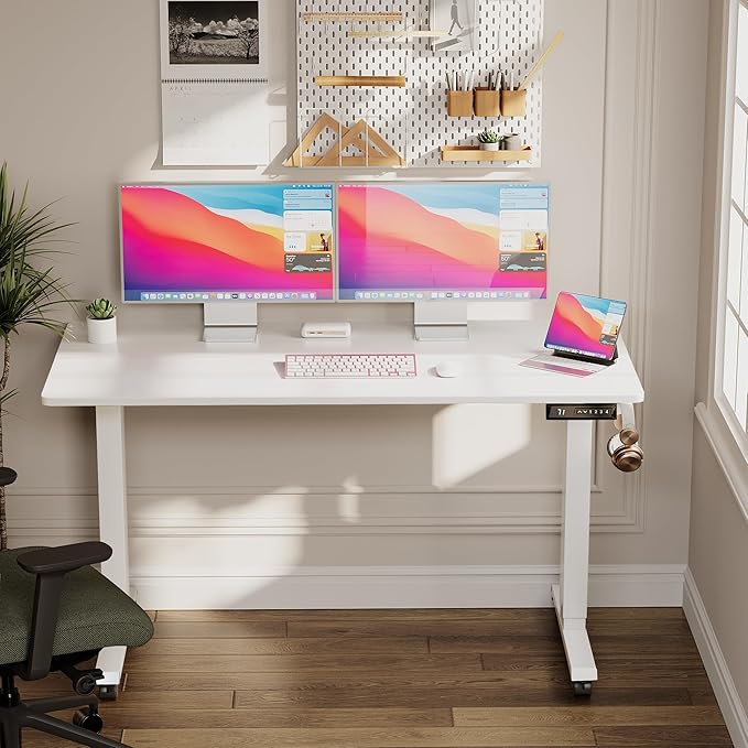 Electric Standing Desk 55 Inch, Ergonomic Height Adjustable Table with T-Shaped Metal Bracket Modern Computer Workstations for Home Office, White - LeafyLoom