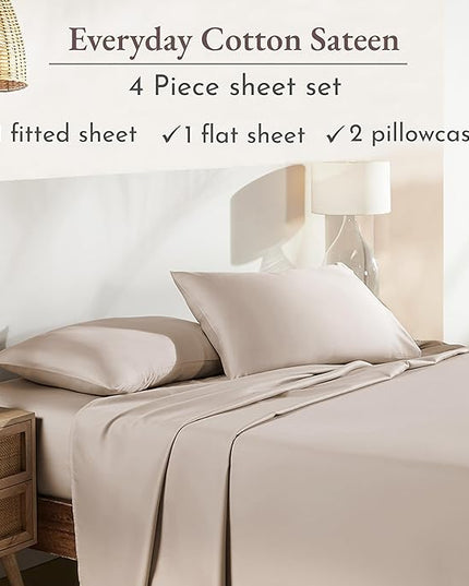 California Design Den Soft 100% Cotton Sheets King Size Bed Sheets Set with Deep Pockets, 4 Piece King Sheets Set with Sateen Weave, Cooling Sheets (Beige) - LeafyLoom