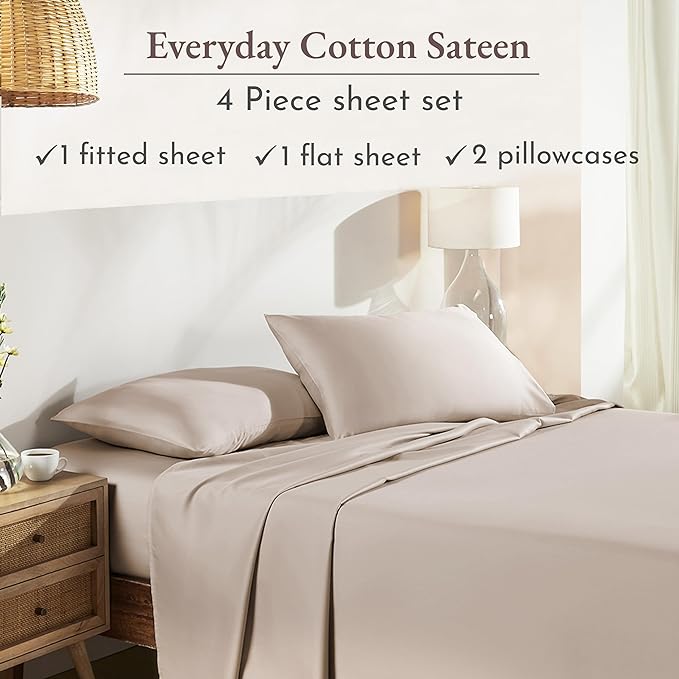 California Design Den Soft 100% Cotton Sheets King Size Bed Sheets Set with Deep Pockets, 4 Piece King Sheets Set with Sateen Weave, Cooling Sheets (Beige) - LeafyLoom