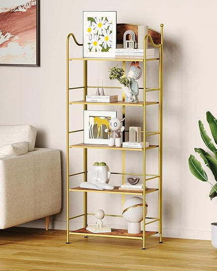 Folding Bookshelf No Assembly, 5 Shelf Gold Folding Bookcase, Industrial Tall Metal Collapsible Corner Book Shelf with Storage Shelves for Bedroom, Living Room, Home Office Organization - LeafyLoom