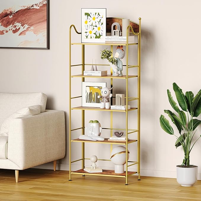 Folding Bookshelf No Assembly, 5 Shelf Gold Folding Bookcase, Industrial Tall Metal Collapsible Corner Book Shelf with Storage Shelves for Bedroom, Living Room, Home Office Organization - LeafyLoom