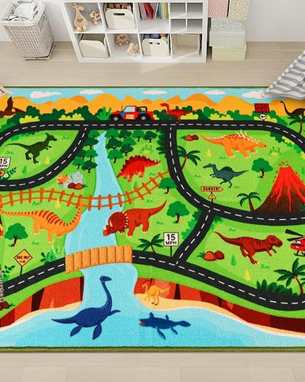 Kids Carpet Playmat Rug,59"X39.4" Dinosaur Car Rugs for Kids Toy Cars,Non Slip Dino Safari Road Map Kids Rug for Playroom Bedroom Boys,Kids Play Mat Road Rug,Track Rug Car Play Carpet for Kids - LeafyLoom