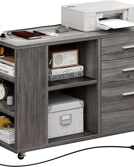 YITAHOME File Cabinet with Charging Station, Mobile Lateral Filing Cabinet with Lock for Home Office, Printer Stand with Open Storage Shelf, Fits A4, Letter, Legal Size Files, Office Furniture, Grey - LeafyLoom