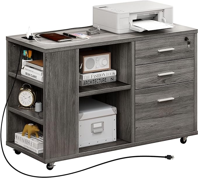 YITAHOME File Cabinet with Charging Station, Mobile Lateral Filing Cabinet with Lock for Home Office, Printer Stand with Open Storage Shelf, Fits A4, Letter, Legal Size Files, Office Furniture, Grey - LeafyLoom