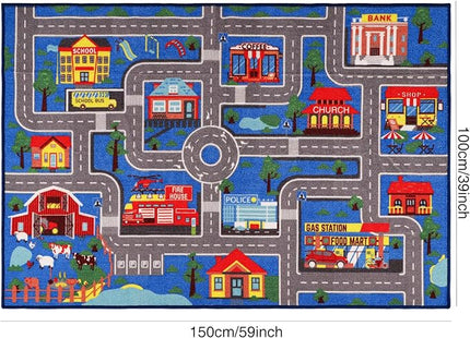 Kids Carpet Playmat Rug 59"x39.4", Car Rug for Kids Cars, Non-Slip Town City Road Map Kids Rug for Playroom Bedroom Boys, Kids Car Mat Road Rug, Track Rug Car Play Rug for Kids (59X39.4 INCH-Blue) - LeafyLoom