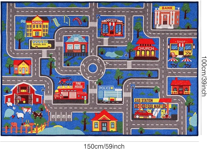 Kids Carpet Playmat Rug 59"x39.4", Car Rug for Kids Cars, Non-Slip Town City Road Map Kids Rug for Playroom Bedroom Boys, Kids Car Mat Road Rug, Track Rug Car Play Rug for Kids (59X39.4 INCH-Blue) - LeafyLoom