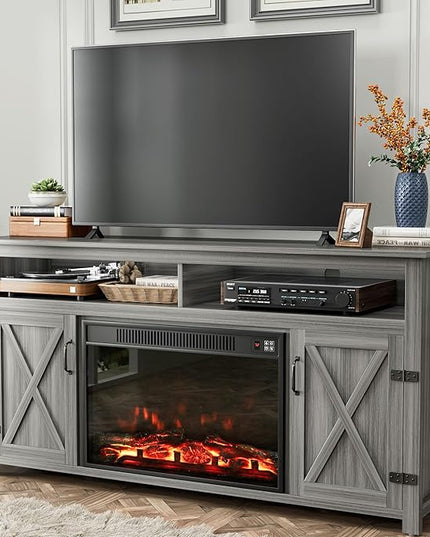 YESHOMY Fireplace TV Stand for Television up to 65+ Inch with Storage and Farmhouse Barn Doors, Entertainment Center with Cabinet and Shelves, Media Console for Living Room, Gray Wash - LeafyLoom