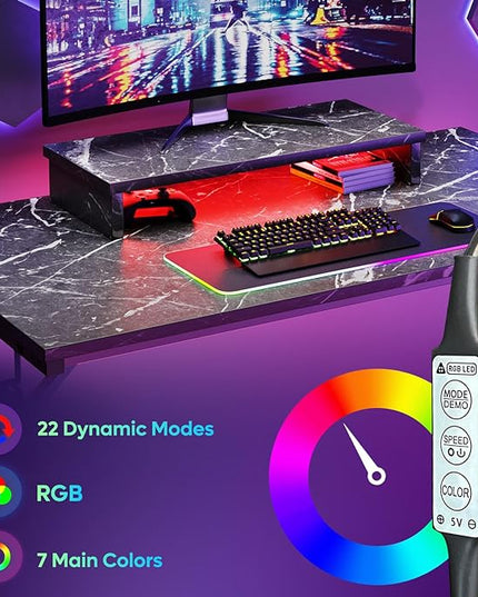 Bestier Small Gaming Desk with Monitor Stand, 42 inch LED Computer Desk, Gamer Workstation with Cup Holder & Headset Hooks, Modern Simple Style Desk for Home Office, Black Marble - LeafyLoom