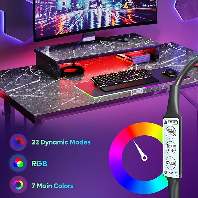 Bestier Small Gaming Desk with Monitor Stand, 42 inch LED Computer Desk, Gamer Workstation with Cup Holder & Headset Hooks, Modern Simple Style Desk for Home Office, Black Marble - LeafyLoom