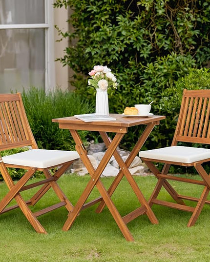 Greesum 3 Piece Patio Folding Furniture Bistro Set with 2 Chairs and Square Table for Pool Beach Backyard Balcony Porch Deck Garden, Acacia Wood - LeafyLoom