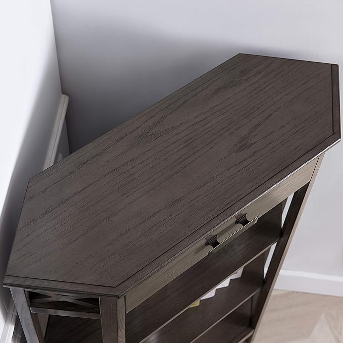 Leick Home 84263 Mantel Height 3-Shelf Corner Bookcase with Drawer Storage, Gray Oak - LeafyLoom