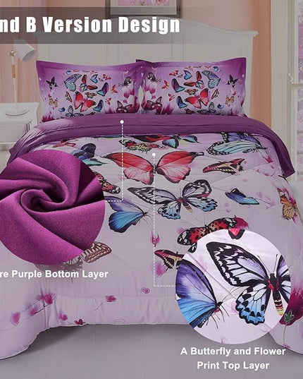 ENCOFT Pink and Purple Butterfly Comforter Set Twin, 3 Pieces Soft Microfiber Lightweight Butterfly Twin Bed Comforter Set, Extra Long Twin XL Comforter for Girls, Teen, 68"x92" - LeafyLoom