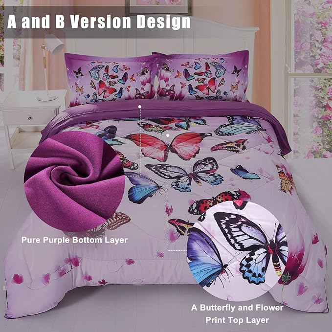 ENCOFT Butterfly Comforter Queen Size, 3 Pieces Girls Teen Kids Quilted Bedspread Queen Bed Comforter Bedding Sets, All Seasons Microfiber Purple Butterfly Bedding Set, with Pillowcase - LeafyLoom
