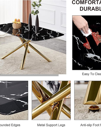 NicBex Large Modern Minimalist Rectangular Dining Table with 0.39 "Imitation Marble Black Tabletop and Golden Metal Legs for Kitchen Dining Living Meeting Room Banquet Hall, Black - LeafyLoom