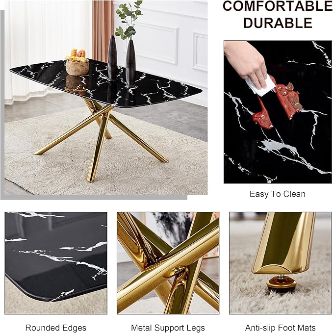 NicBex Large Modern Minimalist Rectangular Dining Table with 0.39 "Imitation Marble Black Tabletop and Golden Metal Legs for Kitchen Dining Living Meeting Room Banquet Hall, Black - LeafyLoom