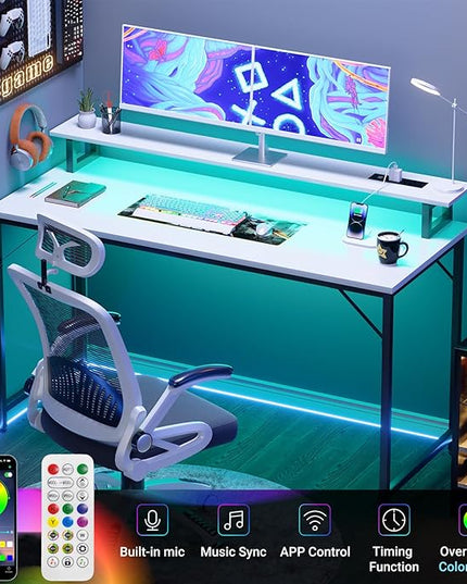 47 inch Computer Desk with Power Outlets, Gaming Desk with LED Lights, Home Office Work Desk with Monitor Shelf, Modern Office Desk Study Writing Table for Small Spaces, White - LeafyLoom