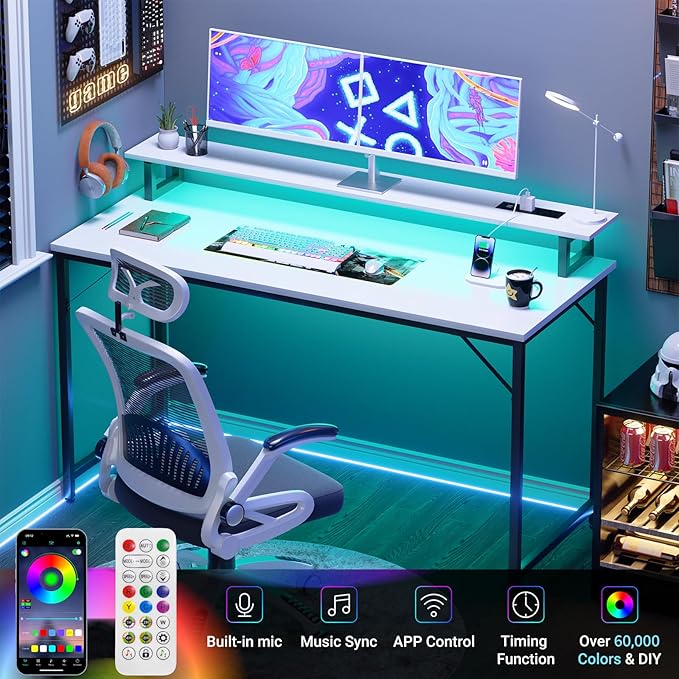 47 inch Computer Desk with Power Outlets, Gaming Desk with LED Lights, Home Office Work Desk with Monitor Shelf, Modern Office Desk Study Writing Table for Small Spaces, White - LeafyLoom