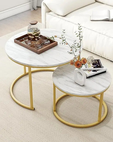 Round Coffee Table Set of 2 End Tables for Living Room,Circular and Marble Nesting Coffee Table Wooden Accent Furniture with Golden Metal Frame,Stacking Side Tables,White - LeafyLoom