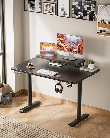 Electric Standing Desk with Monitor Shelf, 47 x 24 Inches Height Adjustable Corner Table, Computer Workstation with Cup Holder and Hook for Home Office, Black, 47x24 Inch - LeafyLoom