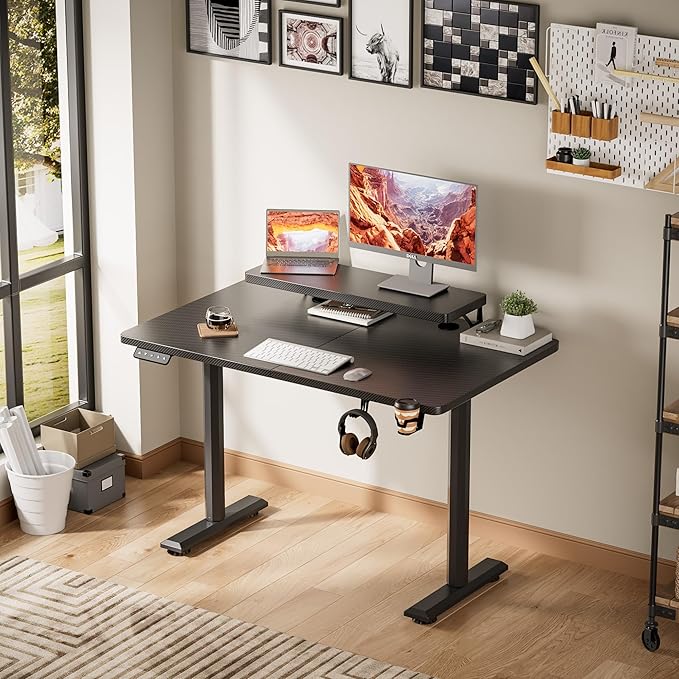 Electric Standing Desk with Monitor Shelf, 47 x 24 Inches Height Adjustable Corner Table, Computer Workstation with Cup Holder and Hook for Home Office, Black, 47x24 Inch - LeafyLoom