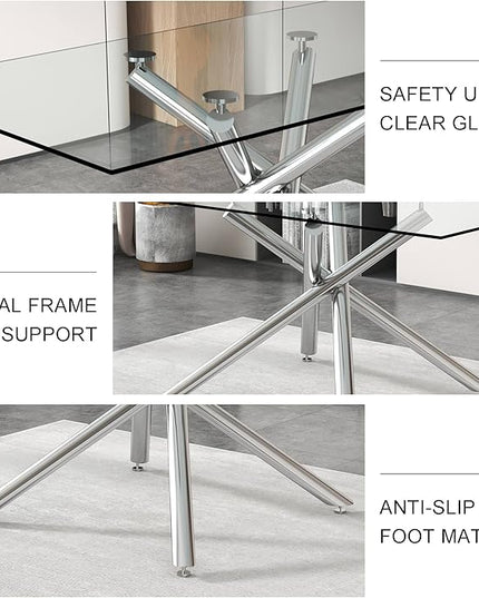 NicBex Large Modern Minimalist Rectangular Glass Dining Table for 6-8 with 0.39" Tempered Glass Tabletop and Silver Chrome Metal Legs for Kitchen Dining Living Meeting Room Banquet Hall, Silver - LeafyLoom