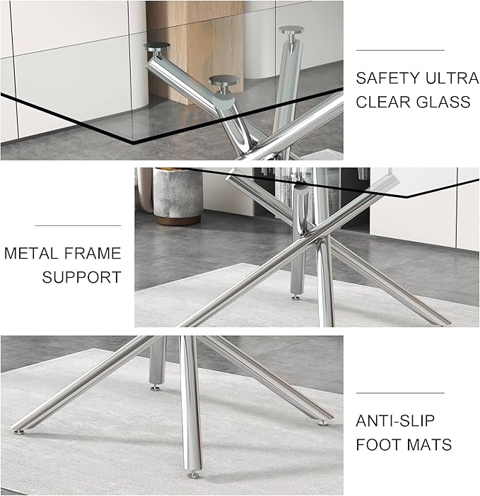 NicBex Large Modern Minimalist Rectangular Glass Dining Table for 6-8 with 0.39" Tempered Glass Tabletop and Silver Chrome Metal Legs for Kitchen Dining Living Meeting Room Banquet Hall, Silver - LeafyLoom