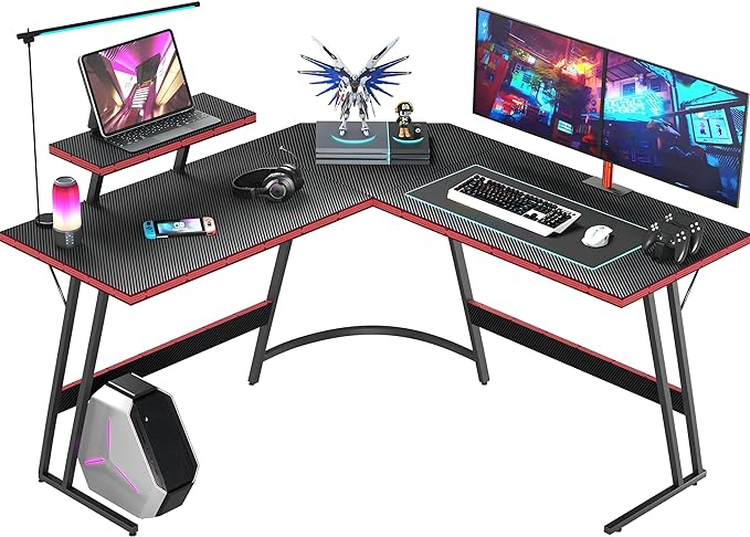 L Shaped Gaming Desk, 51 Inch Computer Corner Table with Large Monitor Stand & Carbon Fiber Surface for Home Office Study Writing Workstation, Black - LeafyLoom