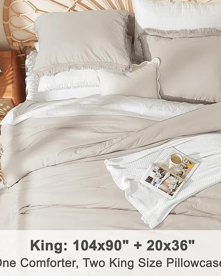 Litanika Linen Grey King Size Comforter Set, Beige Boho Tassel Comforter Aesthetic 3 Pieces, Oatmeal Lightweight Fringe Microfiber Bedding Set for All Season(1 Comforter 104x90 inch, 2 Pillowcases) - LeafyLoom