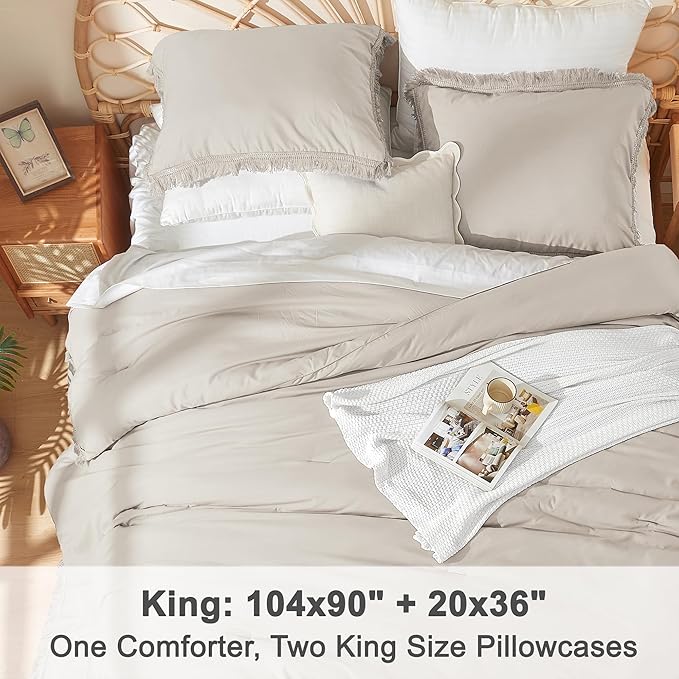 Litanika Linen Grey King Size Comforter Set, Beige Boho Tassel Comforter Aesthetic 3 Pieces, Oatmeal Lightweight Fringe Microfiber Bedding Set for All Season(1 Comforter 104x90 inch, 2 Pillowcases) - LeafyLoom