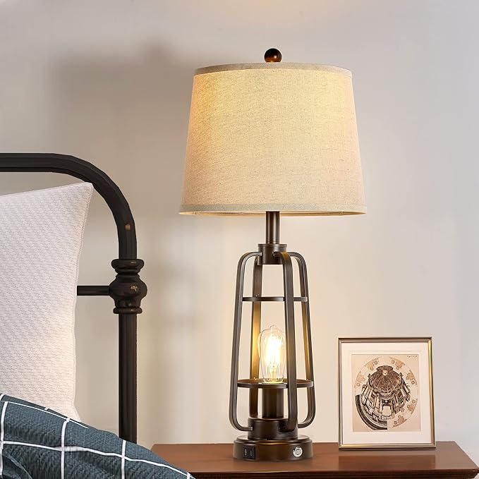 28.7" Farmhouse Table Lamps for Living Room Set of 2, 3-Way Dimmable Touch Lamps with USB A+C Ports, Rustic Industrial Nightstand Lamps for Bedroom, Bulbs Included - LeafyLoom