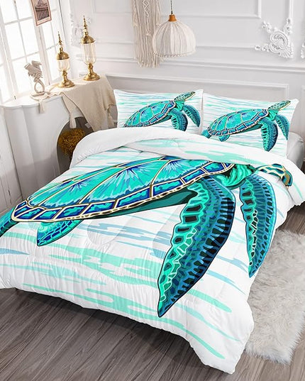 CVHOUSE Sea Turtle Bedding Set,Sea Turtle Comforter Full,Ocean Bohemia Comforter Set for Boys Kids Girls,Ocean Quilt Set with 1 Comforter and 2 Pillow Cases - LeafyLoom