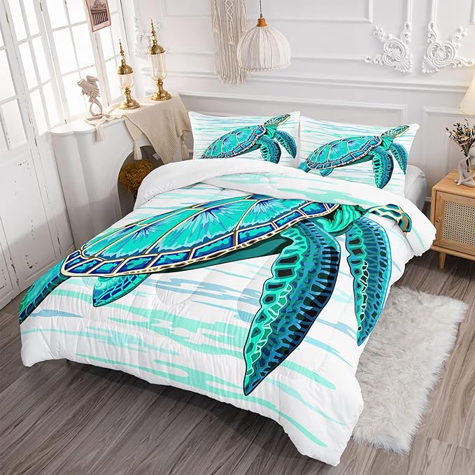 CVHOUSE Sea Turtle Bedding Set,Sea Turtle Comforter Full,Ocean Bohemia Comforter Set for Boys Kids Girls,Ocean Quilt Set with 1 Comforter and 2 Pillow Cases - LeafyLoom