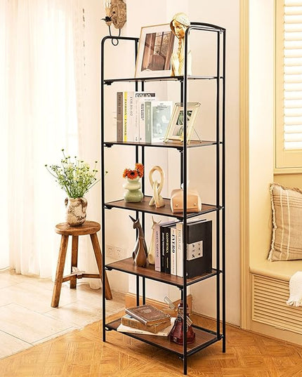 No Assembly Folding Bookshelf, 5 Tier Black Bookshelf, Metal Book Shelf for Storage, Folding Bookcase for Office Organization and Storage, 12.87" D x 22.91" W x 68.1" H - LeafyLoom