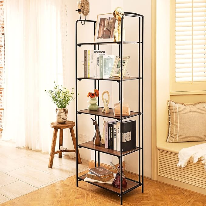 No Assembly Folding Bookshelf, 5 Tier Black Bookshelf, Metal Book Shelf for Storage, Folding Bookcase for Office Organization and Storage, 12.87" D x 22.91" W x 68.1" H - LeafyLoom