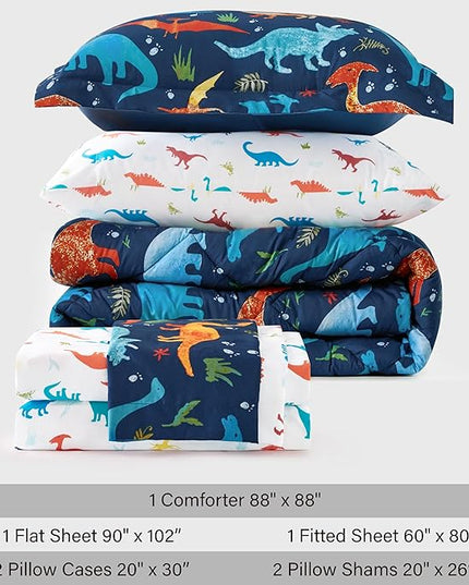 Kids Queen Dinosaur Bedding Comforter Set for Boys, 7 Pieces Queen Size Dinosaur Kids Bedding Set, Super Soft Lightweight Microfiber Comforter Set with Sheets for All Seasons - LeafyLoom