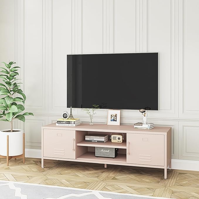 TV Stand for 55 60 inch TV, Metal TV Cabinet Modern Mid Century Entertainment Center with Storage, TV Industrial Media Console Table 2 Cabinet for Living Room, Bedroom, Office (Pink) - LeafyLoom
