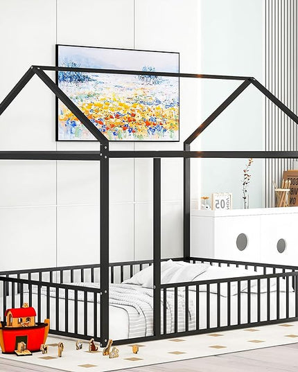 RITSU Full Size Montessori Floor Bed, Metal House Bedframe with Fence, Robust Construction is Used, for Children'S Rooms, Boys Girls, No Box Spring Needed, Easy Assembly, Black - LeafyLoom