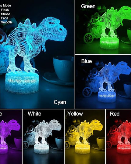 VSATEN Dinosaur Night Light for Kids, 3D Illusion Lamp 3-Pattern & 16 Colors Changing LED Dino Nightlight with Smart Touch & Remote Control, Dinosaur Gifts for Boys Girls Age 4 5 6+ Year Old - LeafyLoom