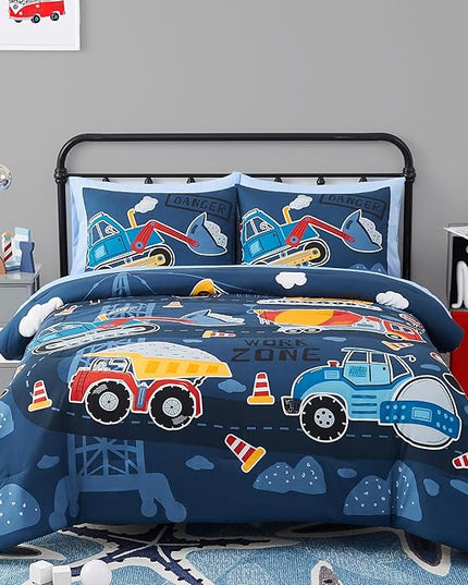 Truck Tractor Excavator Full Size Comforter Sets - Bedding Sets Full 7 Pieces for Boys, Glow in The Dark Bed in A Bag Full Size for Kids, Teens - LeafyLoom