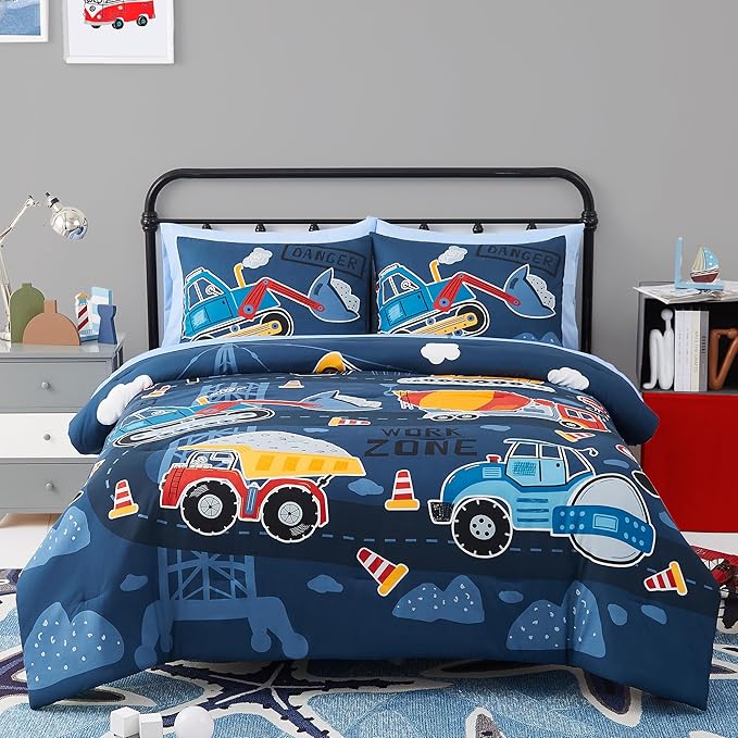 Truck Tractor Excavator Full Size Comforter Sets - Bedding Sets Full 7 Pieces for Boys, Glow in The Dark Bed in A Bag Full Size for Kids, Teens - LeafyLoom