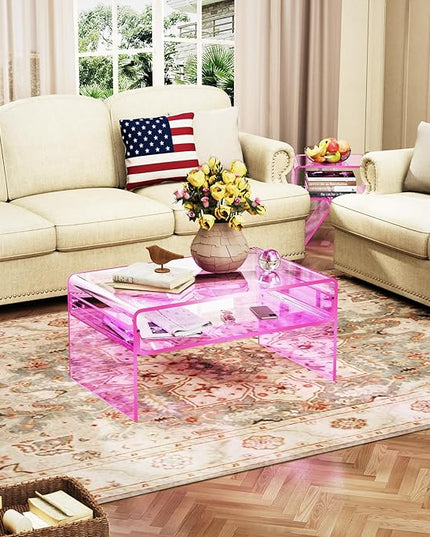 Acrylic Coffee Table for Living Room Clear Rectangle Lucite Table with Open Storage Shelf (1, Pink, Large) - LeafyLoom